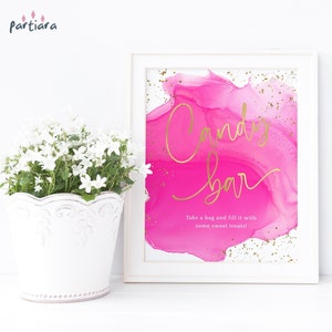 Birthday Candy Bar Sign Template, Girl Baby Shower Sweet Treats Table Poster Printable, Hot Pink Gold Events Decor, Editable Download P200