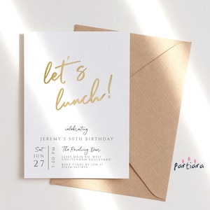 Invito per pranzo per donne, stampabile, pranzo di compleanno, tutto bianco e oro, invito per festa, download digitale modificabile, modello fai da te Corjl P245