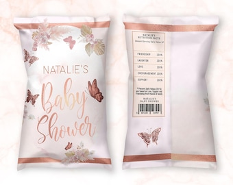 Baby Shower Chip Bag Template: Girls Pink Floral Butterfly Labels Printable (Digital Download) P171