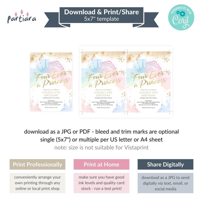 Princess Invite 4th Birthday Four Ever a Princess Fairytale Party Invitation Printable Pastel Blue Pink Castle Carriage Decor Editable P137 image 5