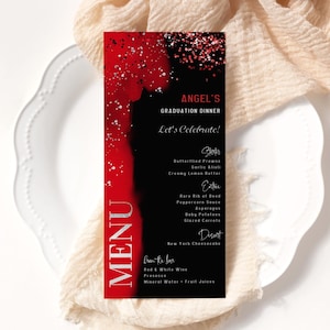 Black and Red Menu Template, Birthday Menu Card Printable, Girls Graduation Dinner Party Menus Silver Anniversary Table Menus, Editable P618