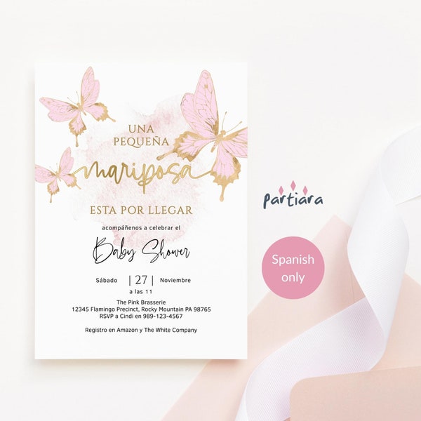 Invitation de fête de naissance espagnole, fille papillon, imprimable Blush rose or Decor modèle modifiable en téléchargement numérique P293