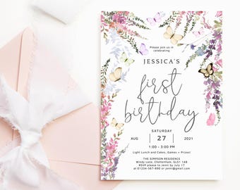 First Birthday Invite Wildflower Party Printable: Girls Spring or Summer Floral Decor (Download) P256
