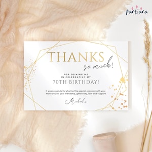 Biglietto di ringraziamento geometrico bianco e oro stampabile per feste di compleanno per uomini, biglietti di auguri digitali modificabili, modello Corjl 6x4 P86