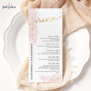 Pastelowe różowe menu stołowe dla dziewczynek Baby Shower Party Menu Blush Pink Gold dla pań Urodziny Kolacja Karta menu stołu Do druku Edytowalne Pobierz P249