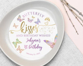 Baby Butterfly Kisses Plate Charger Girl Baby Shower Party Table Welcome Cards Pastel Butterflies Gold Decor Printable Editable Download P87