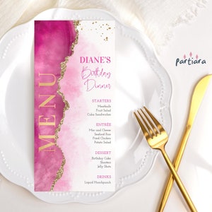 Fuchsia Gold Menü Bearbeitbare Vorlage Damen Teenager Mädchen Geburtstag Ruhestand Party Schlanke Tischmenüs Druckbare Digital Download Vorlage P700