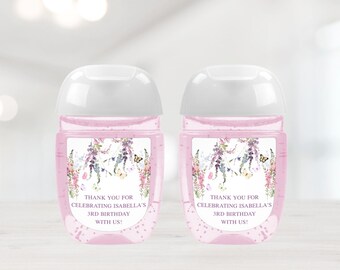 Wildflower Sanitiser Label Template: Birthday Mini Hand Gel Favor Labels Printable, Floral Butterfly P256