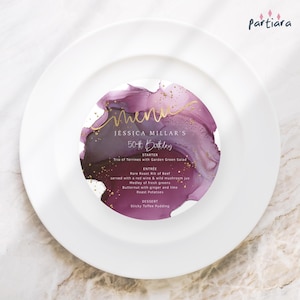 Charger Plate Insert Menu Cards Printable, Round Circle Plate Menus Birthday Dinner Party Table Decor Maroon Burgundy Red Gold Editable P230