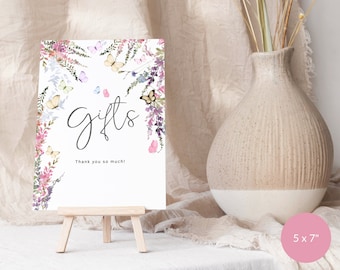 Birthday Floral Gift Table Sign Template, Wildflower Butterfly Party Gifts Poster Printable, Pastel Baby Shower Decor Editable Download P256
