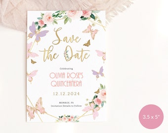 Save the Date Card Butterfly, Floral Quinceanera Birthday Party Save the Dates Printable, Blush Pink Lilac Editable Digital Download P328
