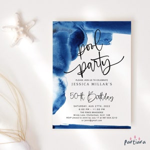 Birthday Pool Party Invitation, Teen Boys 16th 18th 21st BBQ Swimming Invite Template, Royal Blue White Decor Editable Digital Download P260