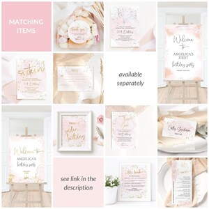 May include: A set of printable party decorations in pink and gold with confetti. The set includes a welcome sign, a thank you sign, a table number sign, a drinks menu, a brunch menu, and a birthday invitation. The text on the signs includes "Welcome to Angelica's First Birthday Party", "Thank You", "Table One", "Let's Drink", "Let's Brunch", and "Samantha Townsend's 16th Birthday".