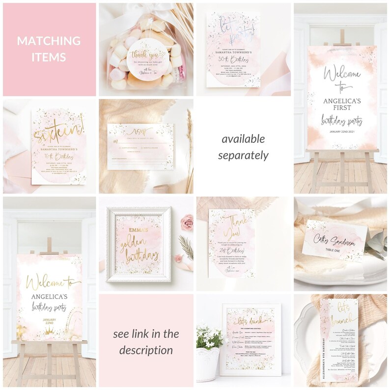 May include: A set of printable party decorations in pink and gold with confetti. The set includes a welcome sign, a thank you sign, a table number sign, a drinks menu, a brunch menu, and a birthday invitation. The text on the signs includes "Welcome to Angelica's First Birthday Party", "Thank You", "Table One", "Let's Drink", "Let's Brunch", and "Samantha Townsend's 16th Birthday".