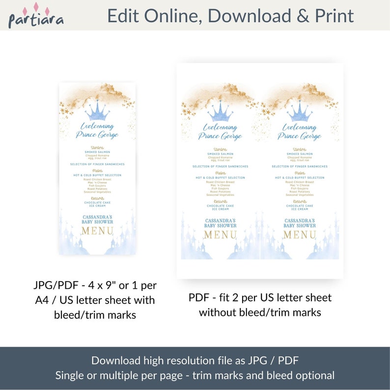 Baby Prince Menu Card Boy Baby Shower Party Table Menus Etsy