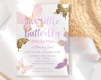 Butterfly Invitation Girl, Birthday Party Invite Printable, 1st Birthday Little Butterflies Turning One, Pastel Pink Lilac Editable P345