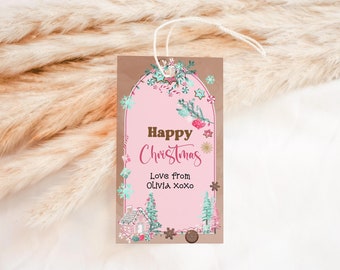 Retro Christmas Tag Cookies and Cocoa Birthday Party Favors Gift Thank You Tags Printable Pink Mint Green Brown Decor Editable Download P843