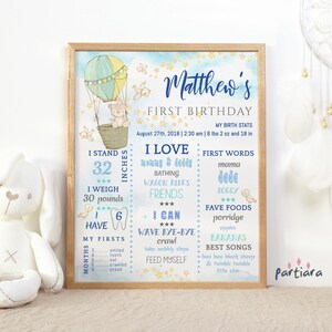 Modello di cartello per il primo compleanno di Teddy Bear Milestone per ragazzi, grafico di milestone Up Up Away stampabile, tabellone del primo anno con mongolfiere, modificabile P70