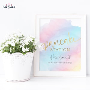 Rainbow Pancake Station Sign, Cloud 9 Birthday Pancakes Poster Printable, Girls Pastel Party Decor, Editable Template Download P179