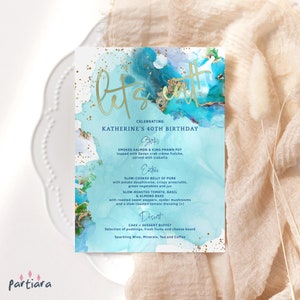 Modèle de carte de menu piscine party, menus d'anniversaire d'été imprimables, adolescents garçons ou filles événements décor bleu sarcelle, téléchargement numérique modifiable P243