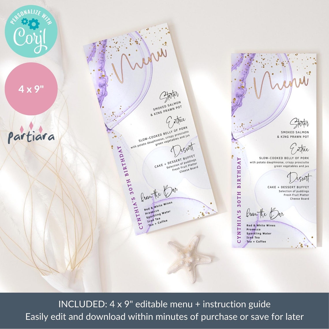 Purple Menu Dinner Table Decor Printable, Lilac and Gold Menus ...