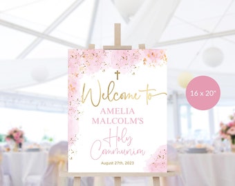 Girl's Communion Welcome Sign Printable First Holy Communion Party Welcome Poster Decor Editable Download Template Pink and Gold P364