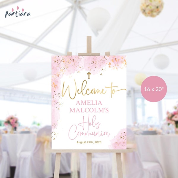 Girl's Communion Welcome Sign Printable First Holy Communion Party Welcome Poster Decor Editable Download Template Pink and Gold P364