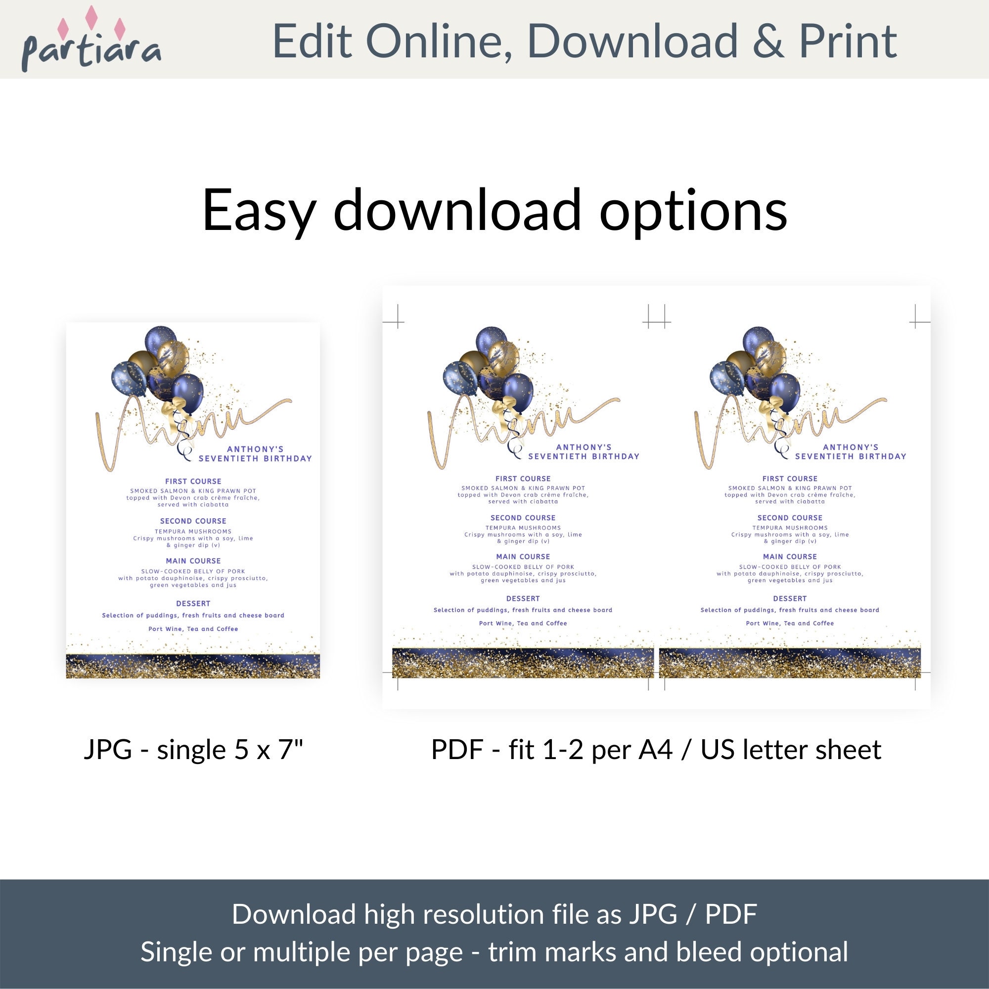 Blue Gold Table Menu Card Printable Editable Men Ladies Royal - Etsy