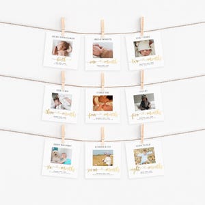 Cartes bébé jalon, bannière photo jalon, 1er anniversaire en photos imprimables, tout en or blanc unisexe garçon fille, décoration neutre, modifiable P16