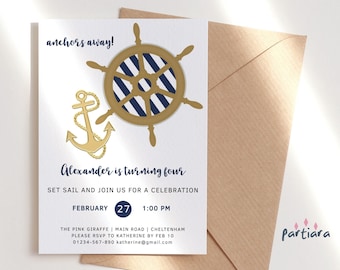 Editable Nautical Party Invitation Template Printable Boys Birthday Party Invite Navy Blue and Gold Sailing Party Digital Download P104