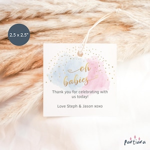 Twin Baby Shower Tags, Gender Reveal Thank You Favor Gifts Tag Printable, Boy Girl Twins Pastel Blue Pink Clouds, Editable Template P16