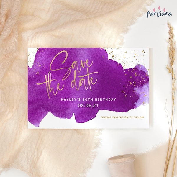Purple Gold Save the Date Birthday Save the Dates Printable Ladies Milestone Party Announcement Editable Digital Download Template P281