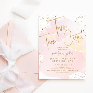 2e anniversaire de filles jumelles, invitez deux jolies invitations à une tea party en tutu ballerine tutus fard à joues rose doré décoration imprimable téléchargement P458