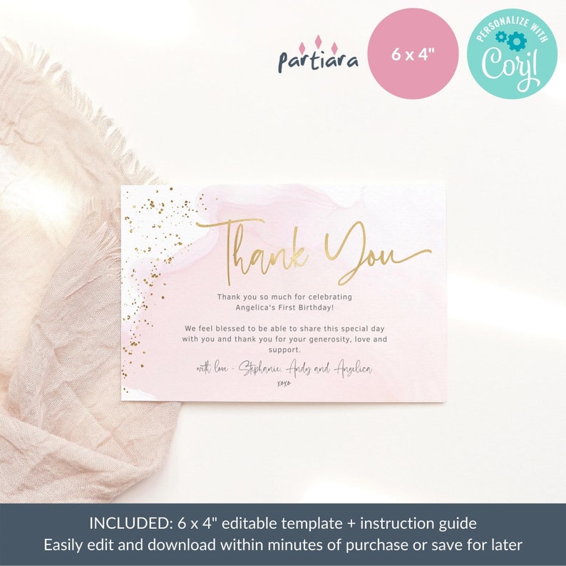 Pastel Blush Pink Gold Thank You Card Birthday Party Notecard Etsy