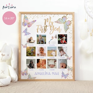 Eerste jaar foto mijlpaal vlinderbord voor meisjes, 1e verjaardag mijlpaal foto grafiek afdrukbaar, pastel regenboog decor, bewerkbare P87