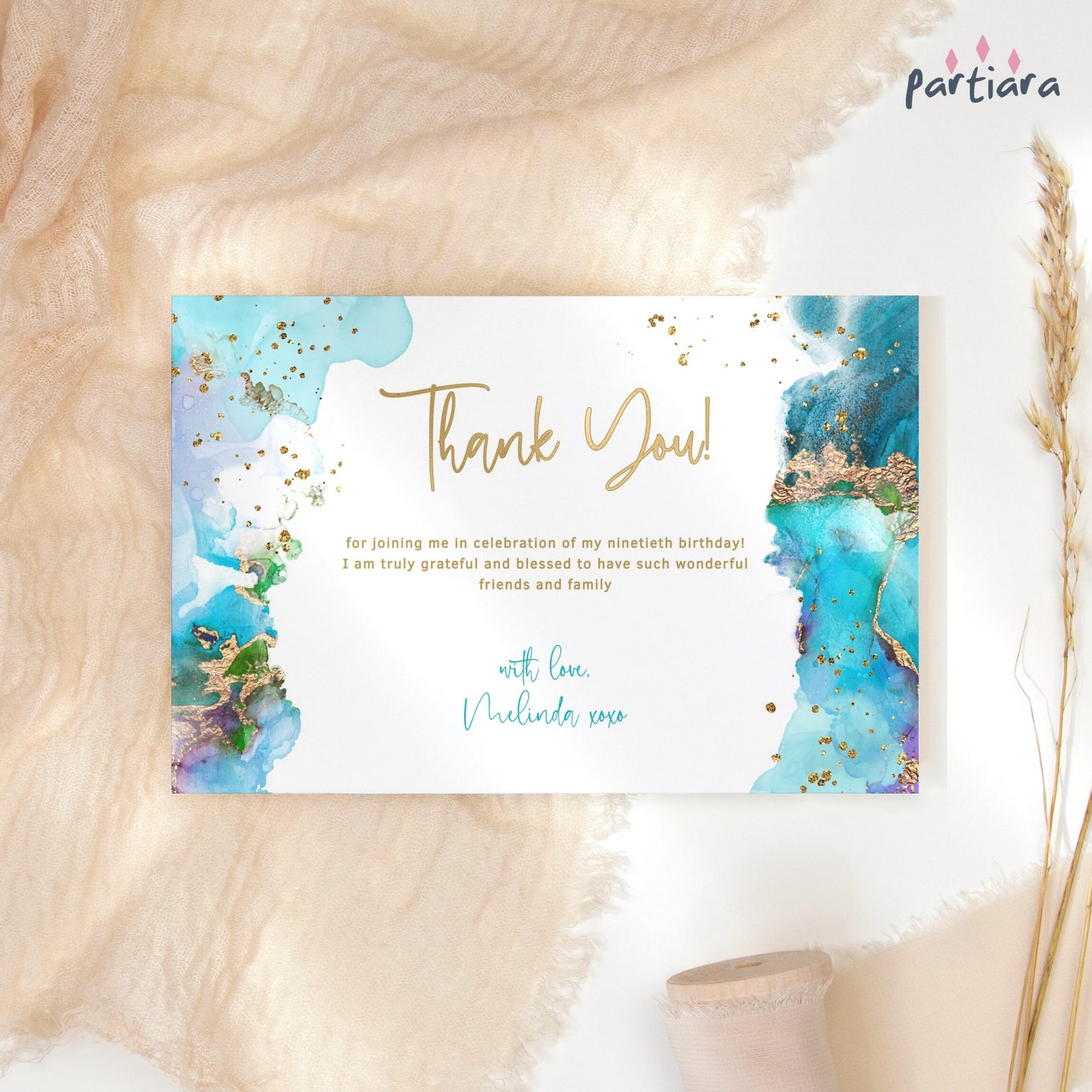 Teal Blue Gold Thank You Birthday Card Printable Men or Ladies Dinner ...