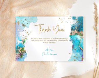 Teal Blue Gold Thank You Birthday Card Printable Men or Ladies Dinner Party Notecards Editable Digital Download Template P243 P132