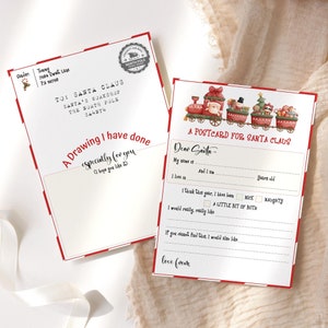 Plantilla de carta de postal de Papá Noel para Papá Noel, lista de deseos de regalos navideños para niños pequeños, tarjeta de notas digital editable para descargar P191