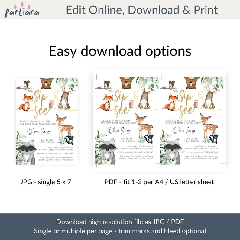 May include: Two printable baby shower invitations with a woodland theme. The invitations feature a watercolor illustration of a fox, deer, bear, rabbit, owl, and raccoon. The text on the invitations reads "Sip & See" and includes the baby's name, date, and time of the shower. The invitations are available in JPG and PDF formats.