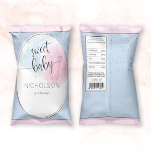 Baby Gender Reveal Chip Bag Labels Printable, Boy Girl Baby Shower Favor Label Editable Template, Pastel Blue Pink Clouds Decor P16
