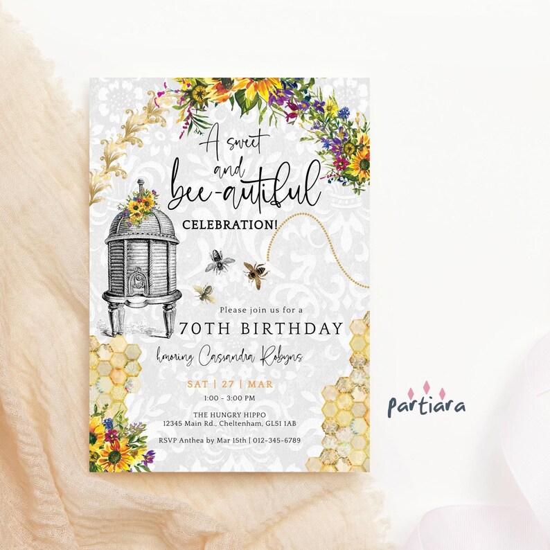 Bee Birthday Invite 70th Garden Tea Party Invitation Purple Wildflower Floral Decoration Printable Editable Digital Download