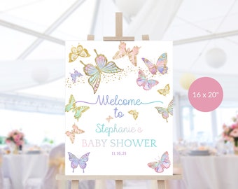 Baby Shower Butterfly Welcome Sign Editable Download Girls Birthday Party Butterflies Pastel Rainbow Pink Lilac Gold Decor Printable P87