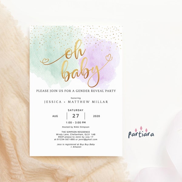 Gender Reveal Invitation Printable Editable Pastel Purple Green Smoke Baby Sex Reveal Party Invite Template with Gold Digital Download P16