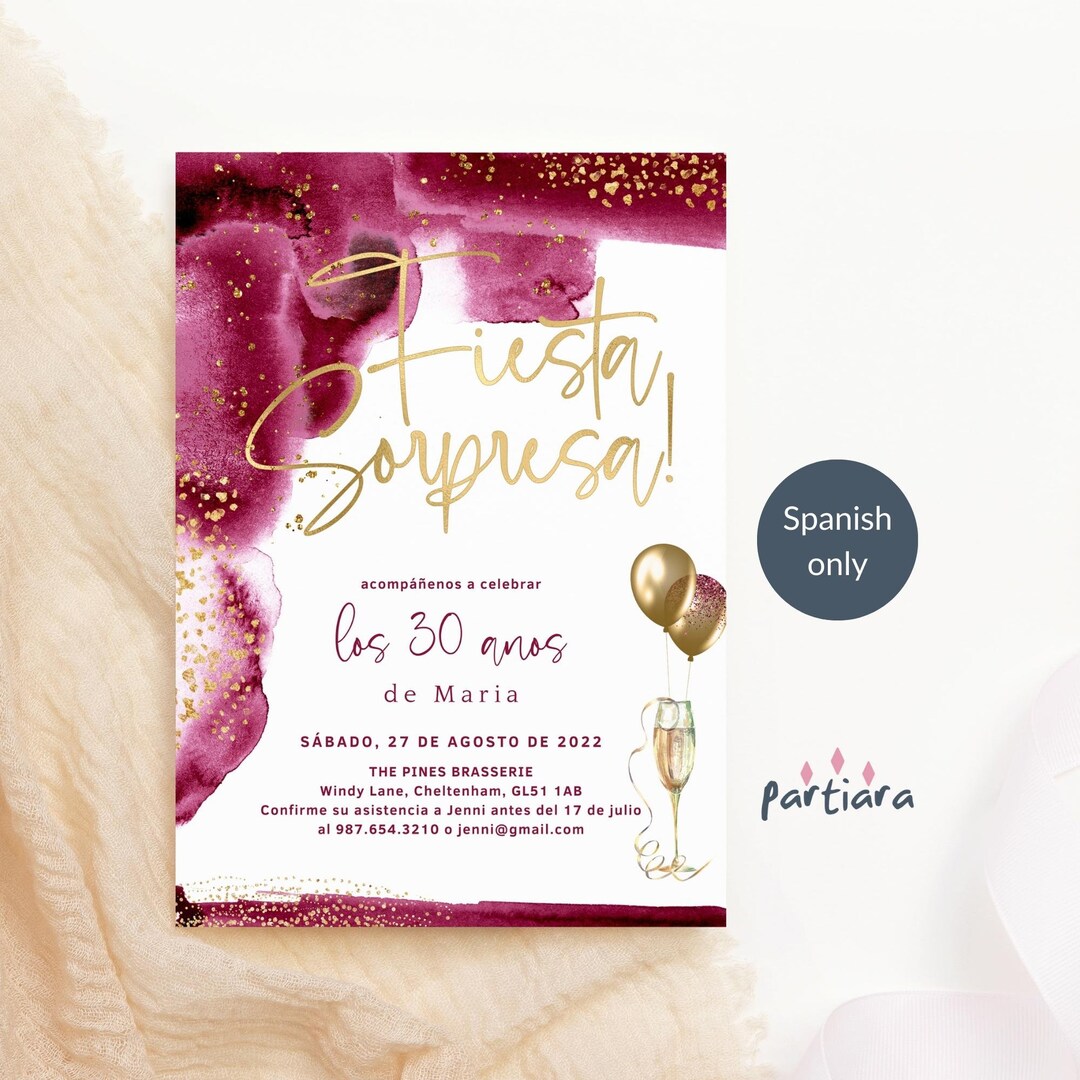 Red Gold Ladies Surprise Birthday Invite in Spanish Fiesta Sorpresa