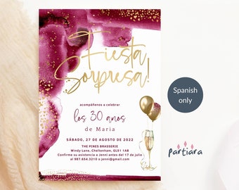 Red Gold Ladies Surprise Birthday Invite in Spanish Fiesta Sorpresa Dinner Drinks Party Invitation Printable Editable Digital Download P742