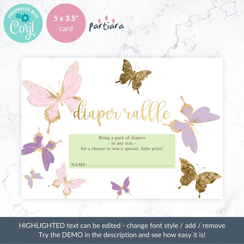Butterfly Baby Shower Diaper Raffle Sign and Tickets Printable Girl Party Game Card Editable Digital Download Pink Lilac Decor P345 image 8