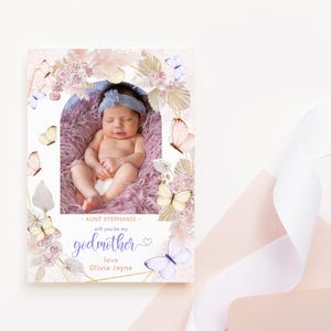 Tarjeta de propuesta de matrimonio "Quieres ser mi madrina" (descarga digital), tarjeta de bautismo para niñas, diseño bohemio de mariposa floral rosa, plantilla editable P171