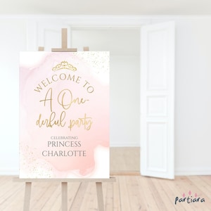 1st Birthday Sign Princess Welcome Template, Pastel Pink Onederful First Birthday Welcome Poster Printable Girls, A2 Editable Download P458