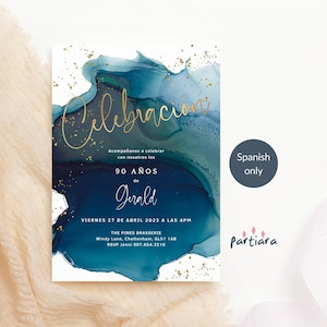 Teal Birthday Invite in Spanish, Blue Gold Ladies Surprise Party Invitation Template, 30th 40th 50th Dinner Invites Card Printable P231