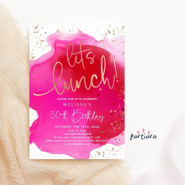 Let's Lunch Invitation, Ladies Birthday Lunch Invite Printable, Hot Pink Red Valentines' Day Lunch Invites Editable Digital Download P852